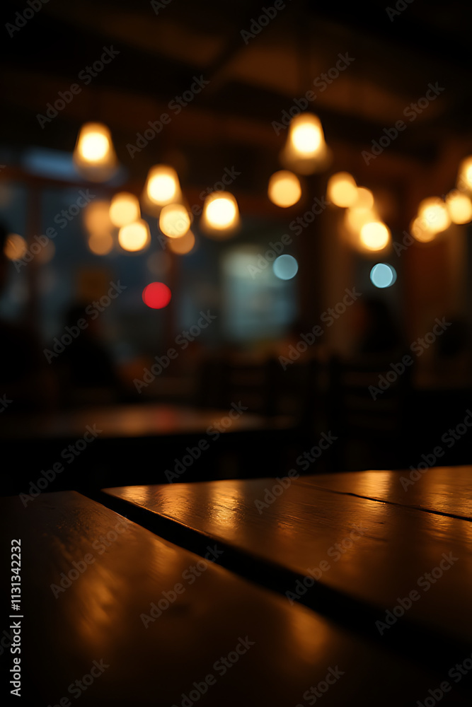 Aufkleber A darkened cafe or restaurant setting features a wood table top with blurred lights creating a bokeh effect at night._00003_