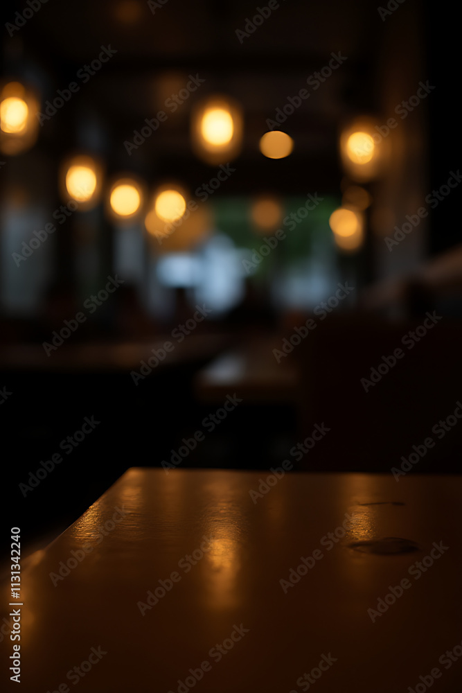 Aufkleber A darkened cafe or restaurant setting features a wood table top with blurred lights creating a bokeh effect at night._00002_
