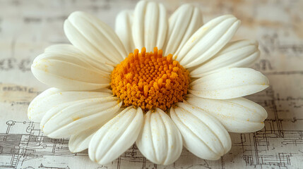 Fototapeta premium White daisy with orange center rests on paper with music notes. Concept of nature and art.