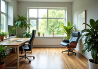 Fototapeta premium natural light plants create blurred modern workspace