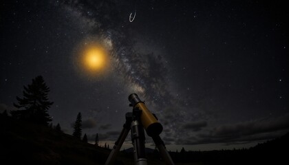 Obraz premium Golden crescent moon and vibrant Milky Way above telescope