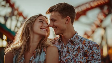 Naklejka premium Two young adults share laughter and affection as they savor a fun-filled day at an amusement park, surrounded by thrilling rides against a vibrant sunset backdrop