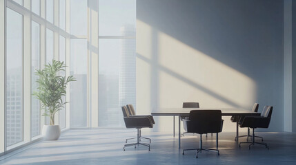Fototapeta premium Office interior with meeting table and chairs, ceo desk near window.