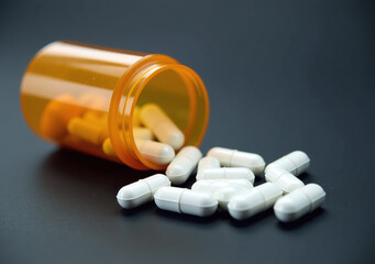 overturned pill bottle spilling white capsules dark surface depicting struggles medication health