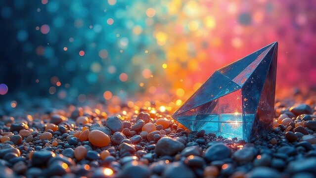 Split light rainbows. Colorful refraction through a large hexagrid of pyramidal glass sculptures in an open atrium