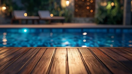 Tranquil Evening by the Poolside with Soft Lighting and Reflections on Water Surface, Perfect for Relaxation and Leisure Activities in a Serene Outdoor Setting