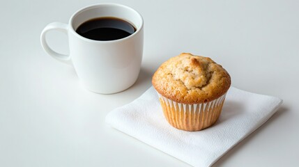breakfast still life, a simple scene a fresh muffin on a white napkin beside a black coffee in a chic mug, all bathed in soft natural light
