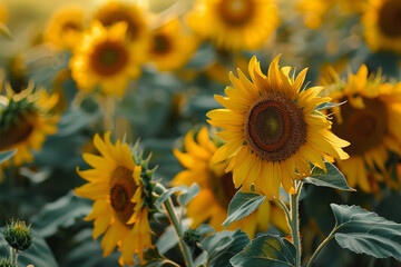 Bright sunflowers bloom in a lush field, basking in the sunlight. The scene captures their golden petals and green leaves swaying lightly in the summer wind