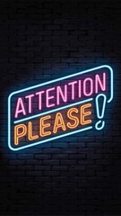Obraz premium Red neon Attention Please with exclamation mark on dark brick wall
