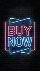 Obraz premium Neon Buy Now text in bold font with light gray background