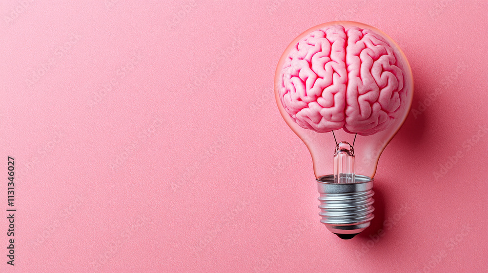 Poster a lightbulb with a brain inside is placed on a pink background. concept of intelligence and creativi