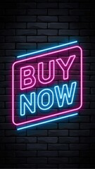 Obraz premium Pink neon Buy Now outlined in blue on dark brick background