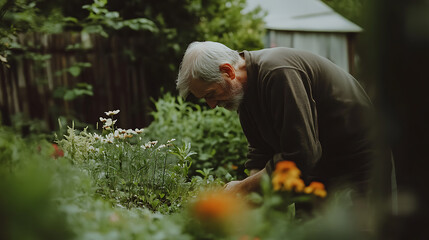 Fototapeta premium Elderly Man Tending to His Garden 