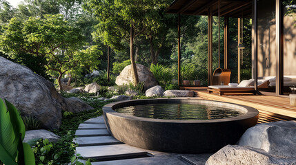A Japanese-inspired onsen with a soaking tub overlooking a zen garden