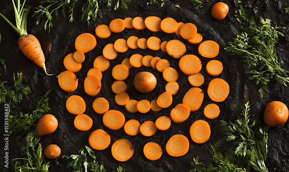 Poster carrot slices arranged in a spiral pattern on dark soil