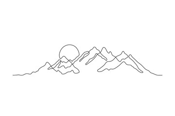 Mountains and sun - continuous line drawing. One line mountain range landscape background. Rocky peaks in simple linear style. Minimalist illustration of sunset in the mountains