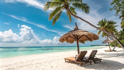 Serene Tropical Beach with Palm Trees, Loungers, and Turquoise Water V7