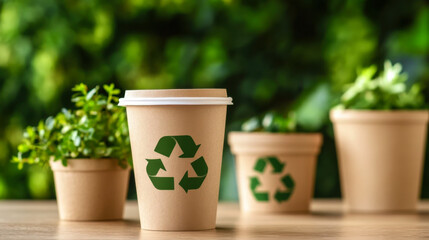 Fototapeta premium Paper cup with a recycling sign on the background