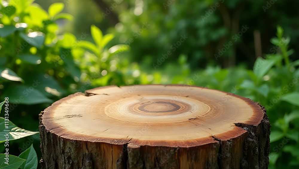 Poster a beautifully weathered tree stump serves as a unique and rustic tabletop amidst a lush green garden