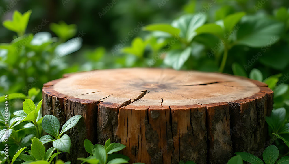 Poster a beautifully weathered tree stump serves as a unique and rustic tabletop amidst a lush green garden