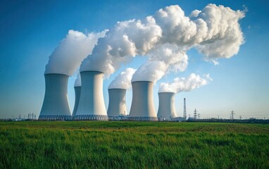 Nuclear power plant with six cooling towers at sunset