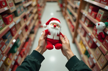 A first-person perspective in a store during holiday shopping, holding a Santa Claus toy while browsing festive decorations and choosing gifts