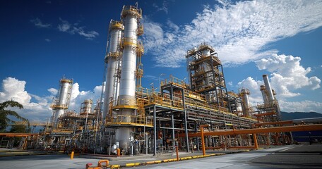 Industrial plant with large chimneys under a clear blue sky