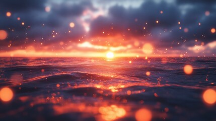 Obraz premium Fiery sunset over ocean with bokeh effect.