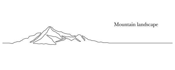 Mountain - continuous line drawing. One line mountain range landscape background. Rocky peaks in simple linear style. Black and white minimalist mountain illustration