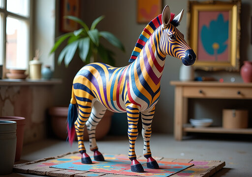 vibrant painted zebra stands colorful studio creative expression artistic uniqueness key appeal