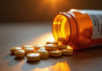 warm light shines amber pill bottles spilling symbolizing health risks associated proper medication