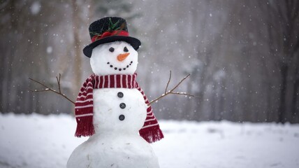 Fototapeta premium Smiling snowman with black top hat and holly in festive setting