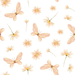 watercolor seamless pattern of butterflies on a light background
