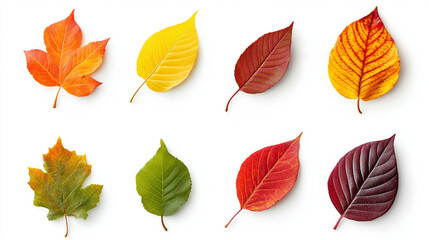 Set of multicolored autumn leaves isolated on white background