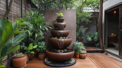 Tranquil tiered fountain in lush garden.