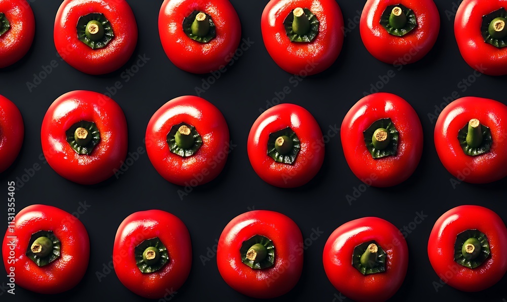 Poster red peppers arranged in a neat pattern on black background