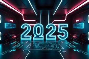 New Year 2025 Neon Glowing Holographic in a High-Tech World