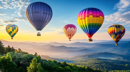 Obraz premium A vibrant, colorful hot air balloons over a scenic valley 