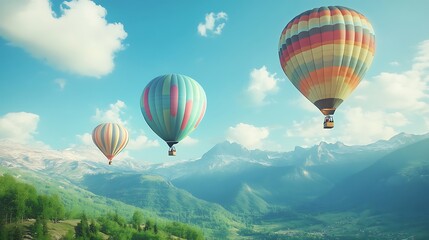 Fototapeta premium A vibrant, colorful hot air balloons floating over a mountain valley 