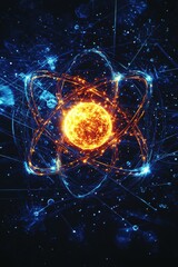 Artistic visualization of an atom with vibrant energy and glowing particles