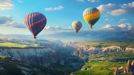 Fototapeta premium A vibrant, colorful hot air balloons floating over a mountain valley with a clear area for text