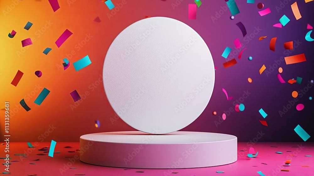 Poster colorful abstract scene with a floating sphere and confetti, perfect for festive themes.