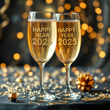 photo of Gold "Happy New Year 2025" party in the shampane, wine glass