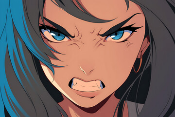 A close-up of an intense, angry character with striking blue eyes and dark hair.