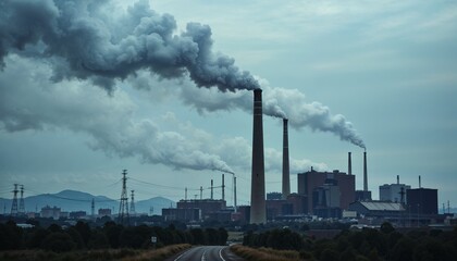 Industrial landscape with smoke billowing from chimneys and factories under a cloudy sky
