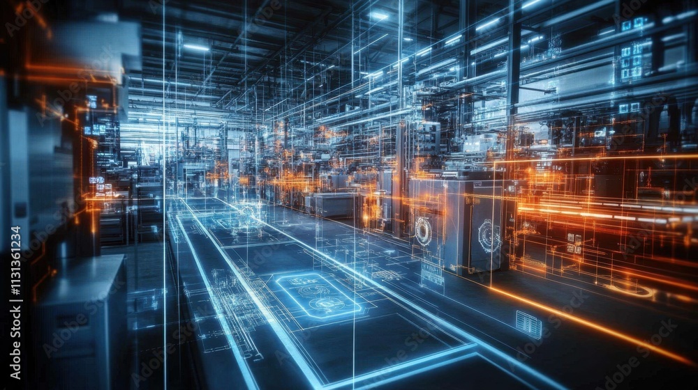 Poster visual representation of increased efficiency in futuristic factories.