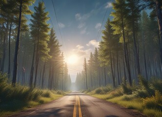 Obraz premium A country road unwinds its way through a dense forest of towering telephone poles, dim lighting, dense foliage