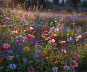 Obraz premium A gentle breeze stirs the petals of colorful wildflowers in a tranquil meadow at twilight, purple, color