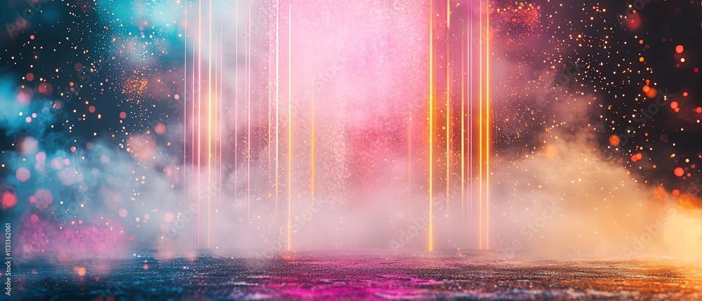 Poster a vibrant visual of colorful light beams and mist creating an ethereal atmosphere.