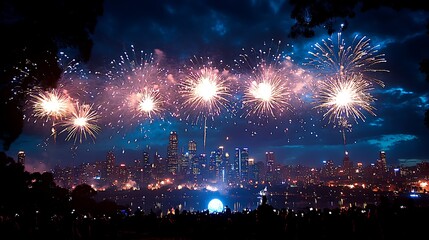 Obraz premium Fireworks illuminating the skyline as the New Years Eve ball shines brightly in the foreground